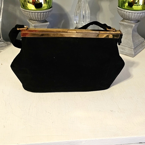 Authentic 1950's Vintage Bienen Davis Purse w/Handle, Black Suede, Satin Lining. - Picture 7 of 12